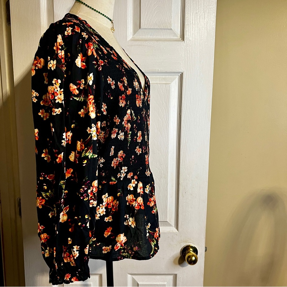 New Old Navy Floral Cotton Knit Puff Sleeve Smocked‎ Peplum Ruffle Boho Top XL - Picture 7 of 13